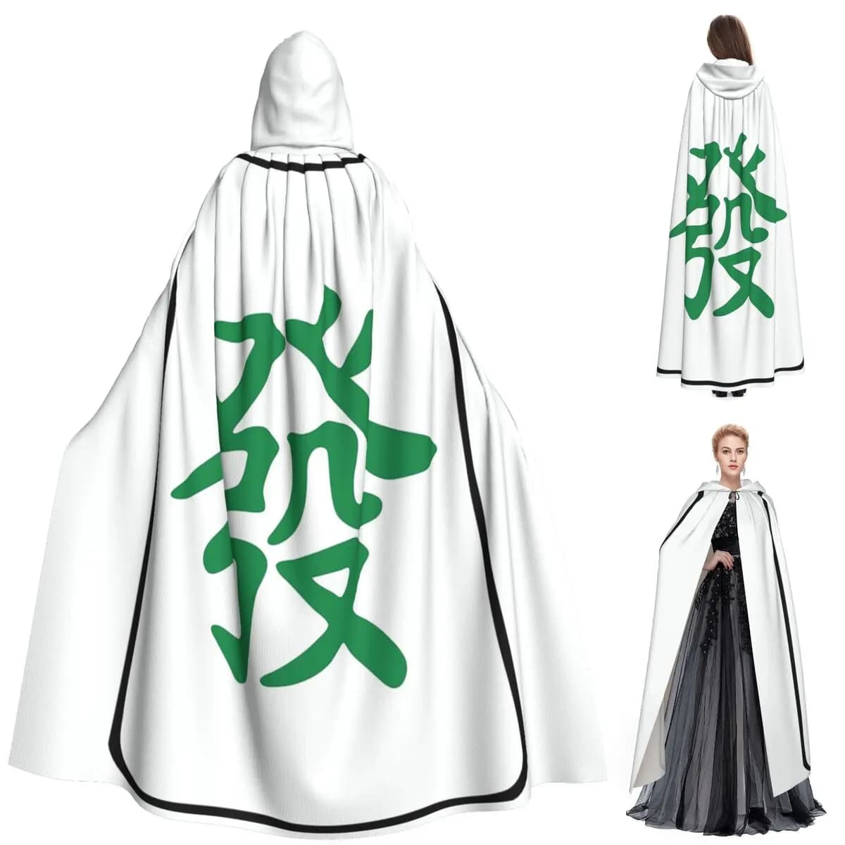 Pattern Mahjong Tile Green Dragon Vocan Long Hooded Cloak Witch Medieval Costume Cosplay Cape HalloweenParty Adult Unisex