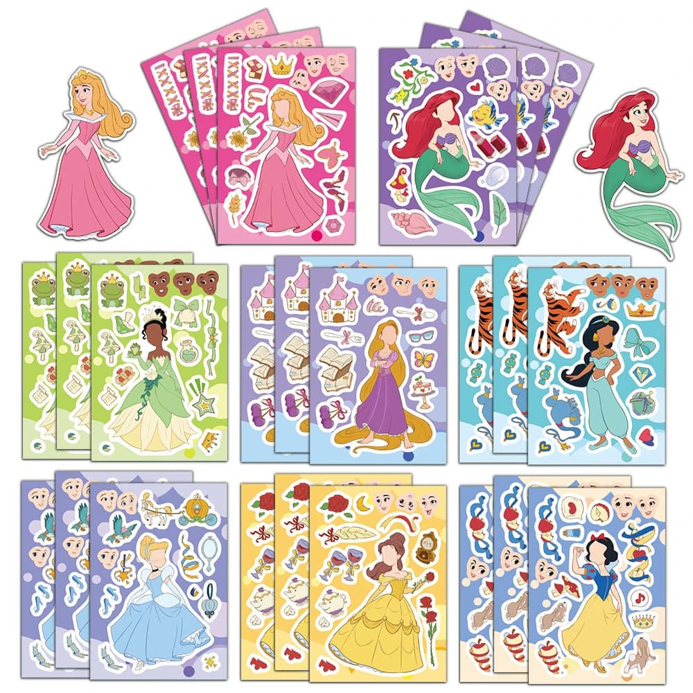 8/16 Fogli di Adesivi Puzzle Disney con Principesse dei Cartoni Animati, Crea un Volto, Gioco Educativo Fai-da-Te per Bambini, Regali