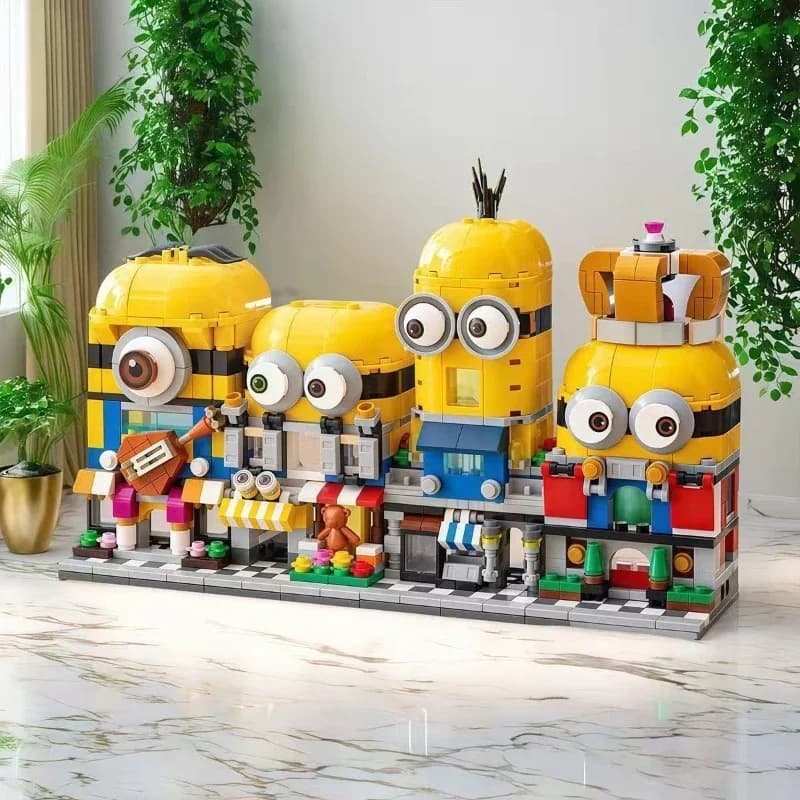 Serie di Blocchi da Costruzione 4-in-1 Minions Street View, Giocattoli da Assemblare per Ragazzi e Ragazze, Regali di Compleanno 3D Stereoscopici per Bambini