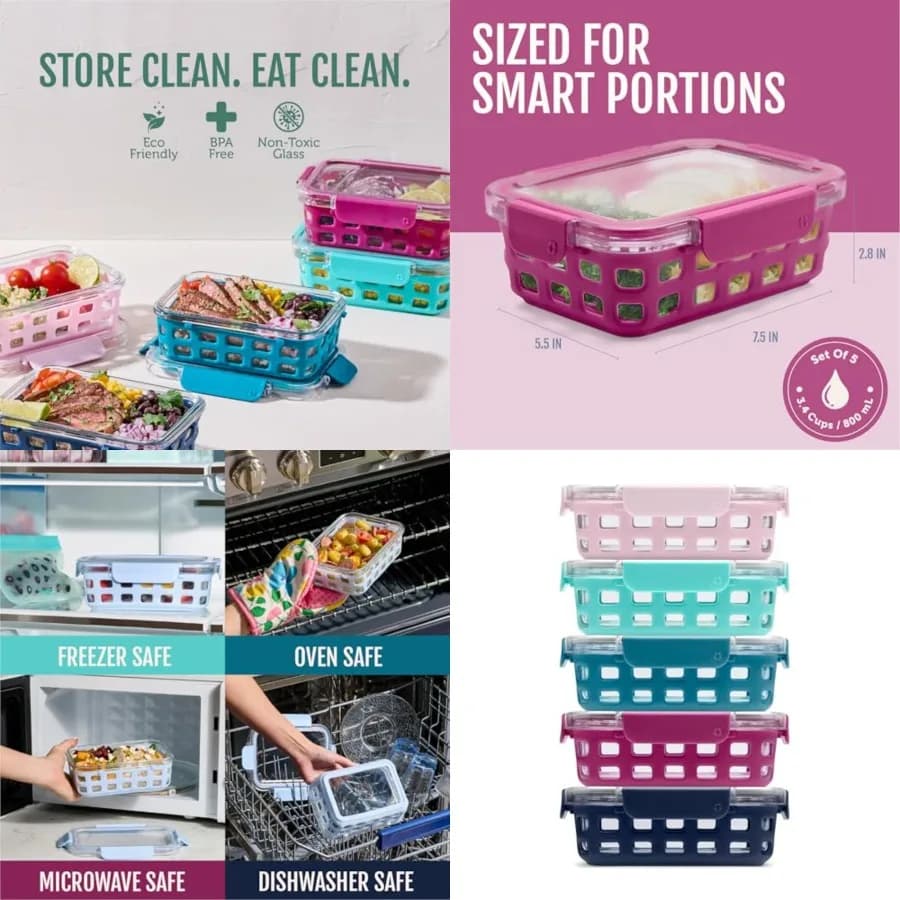 Set di Contenitori per Alimenti Duraglass da 3,4 Tazze, 10 Pezzi, Set da 5 - Contenitori in Vetro con Guaina in Silicone e Chiusura Ermetica Senza BPA