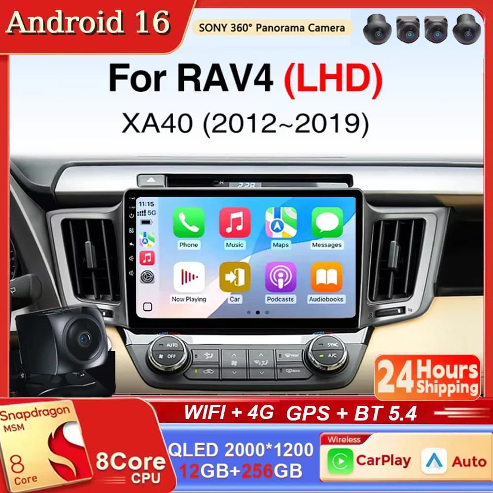 Autoradio Android 16 con GPS, Navigazione, Lettore Multimediale Video, Carplay Android A per Toyota RAV4 2012 2013 2015 2016 2017 2uto