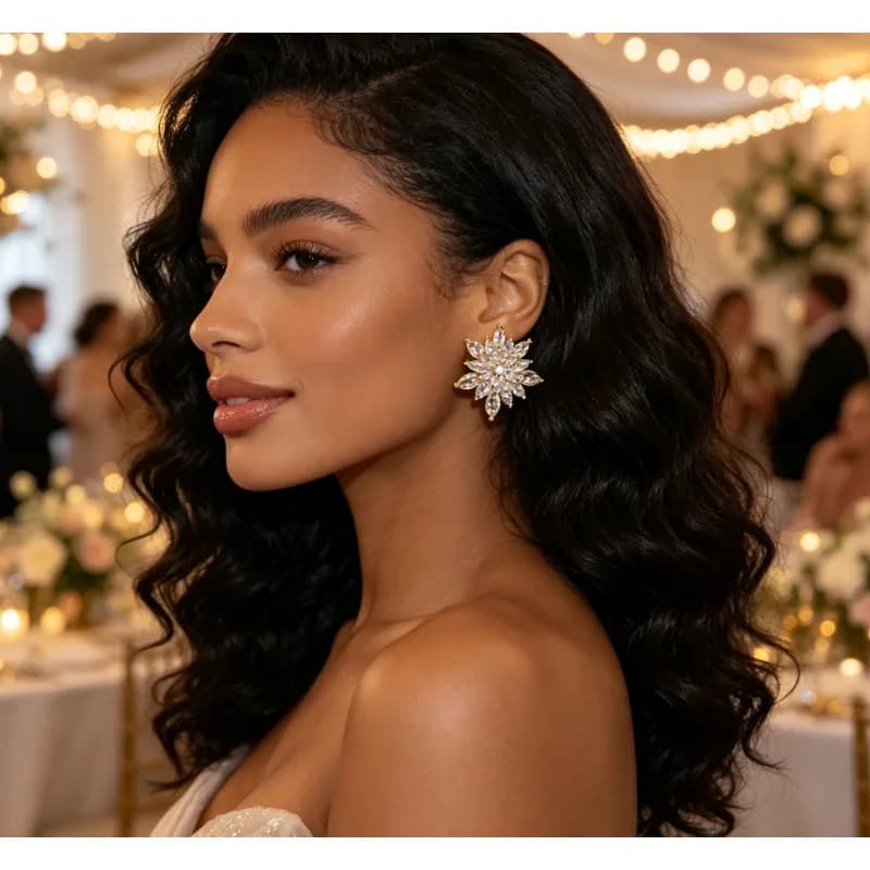 Gold Tone Sparkly Crystal Snowflake Flower Stud Earrings Marquise Zircon Floral Rhinestone Earrings Elegant Statement Jewelry Gift For Women Wedding Party Daily
