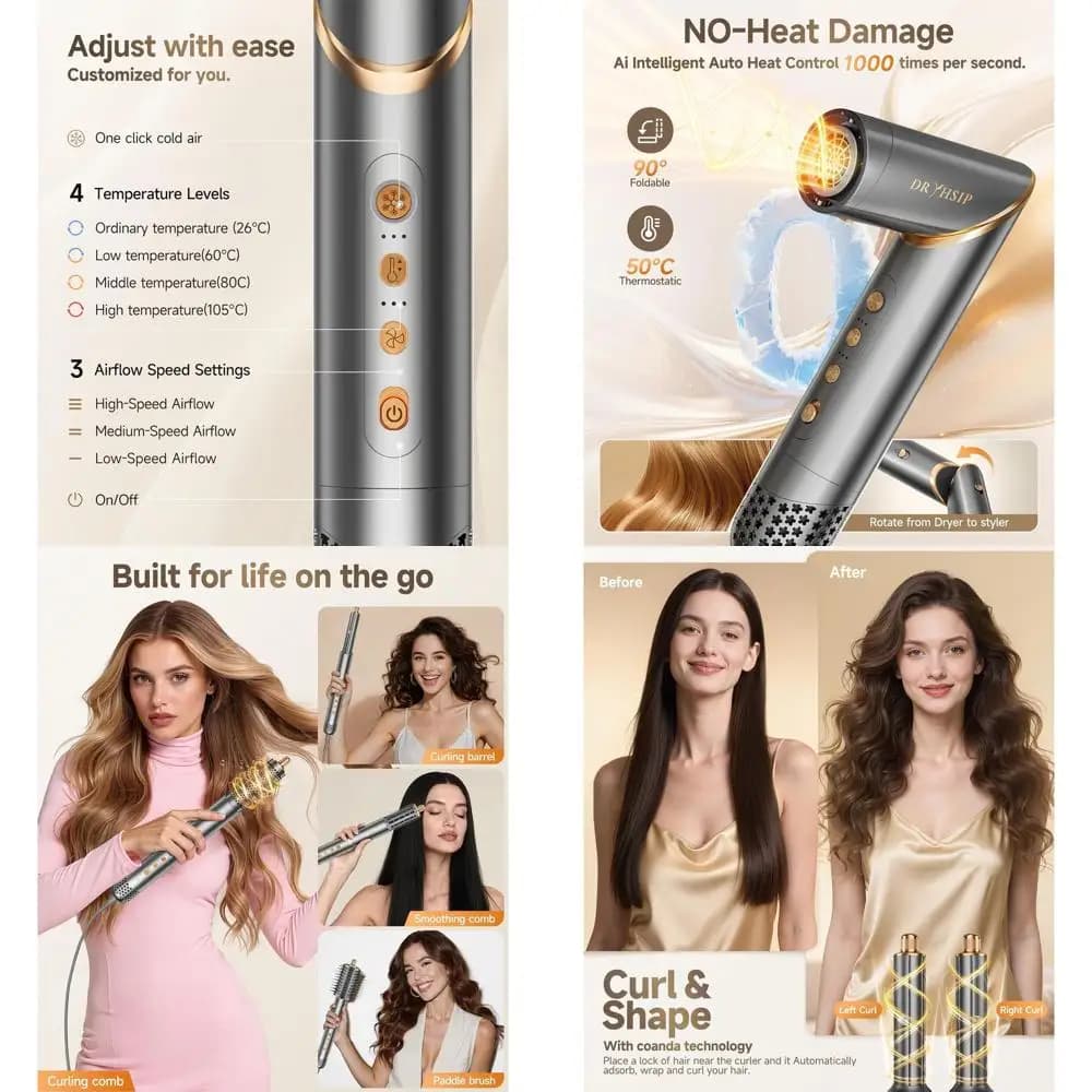 Spazzola per lo styling dei capelli 8 in 1 con asciugacapelli ionico da 110.000 giri/min per asciugatura rapida, volumizzazione, arricciatura e stiratura (Grigio)