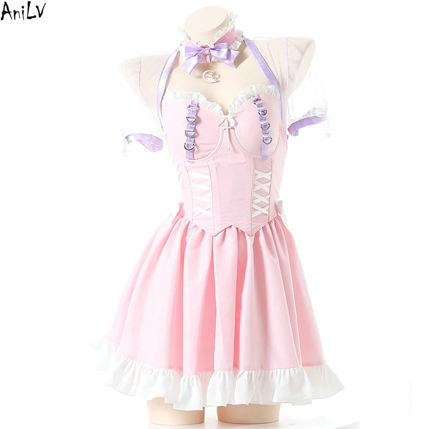 AniLV Anime Lolita Girl Abito rosa Cameriera Uniforme Abiti da principessa Costumi Cosplay