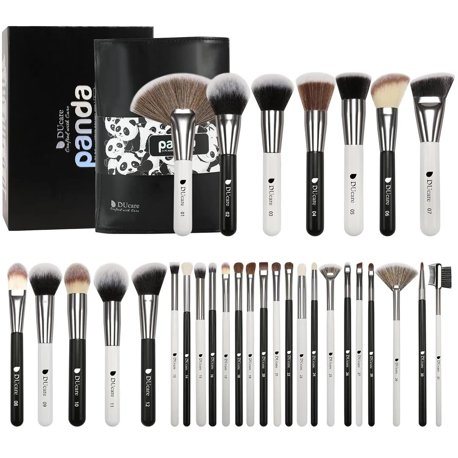 Set of 31-piece Panda series makeup brushes with leather case, Kabuki foundation for powder shade, fad, concealers, umbrellas