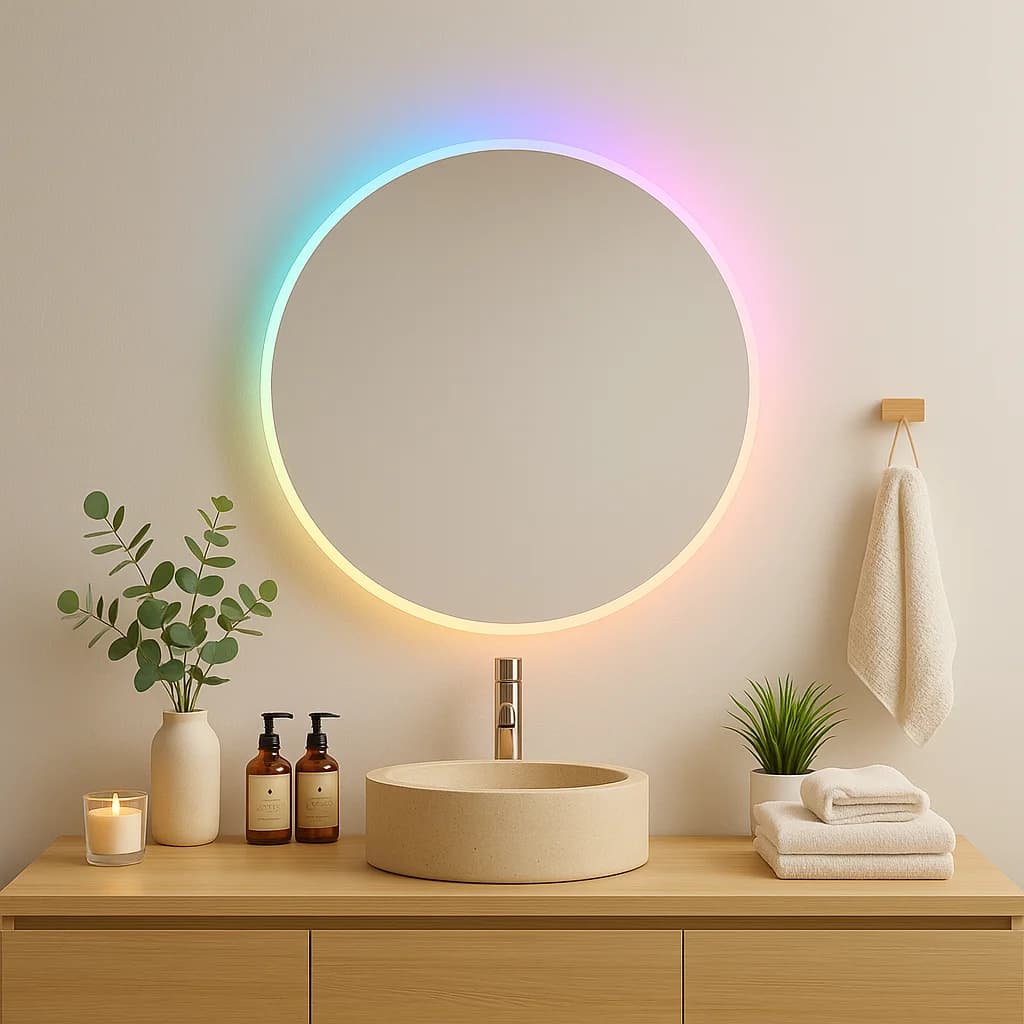 Elegante Specchio da Bagno Rotondo con Retroilluminazione RGB, Antiappannamento, LED Decorativi per SPA e Salone, Uso a Parete, per Occasioni di Compleanno e Matrimonio