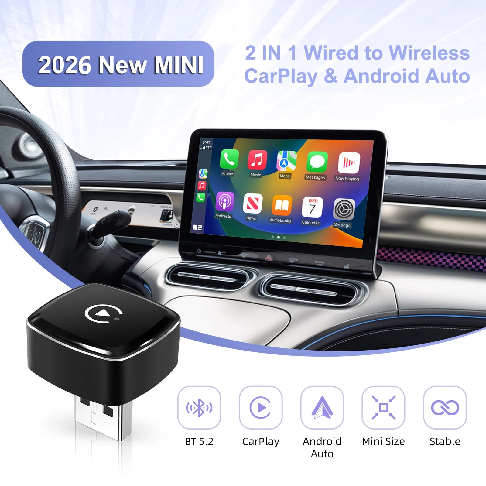 2026 NEW Wireless Adapter 2in1 CarPlay and Android Auto Ultra-Compact Universal Car with CarPlay Wired Plug &Play Factory with WiFi and BT