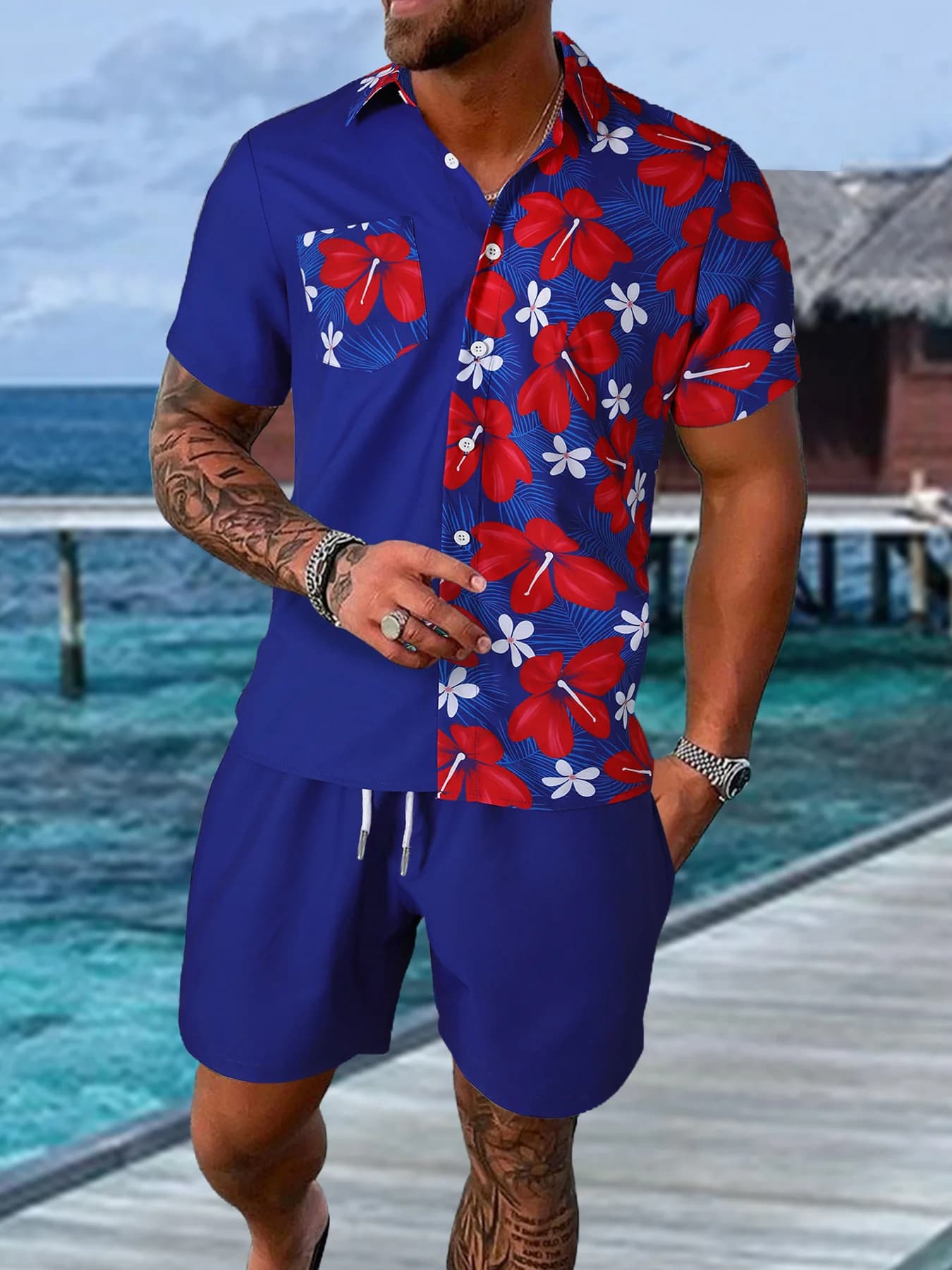 Men's Unique Set with Patchwork, Shirt with Blue and Red Floral Print and Shorts with Casual Clothing Coulisse