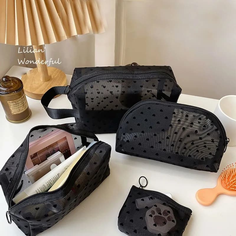 Neceser Borsa per cosmetici da viaggio a forma di cuore nero Borsa da toilette piccola e grande in rete di moda Custodia per trucco Borsa per cosmetici con cerniera trasparente