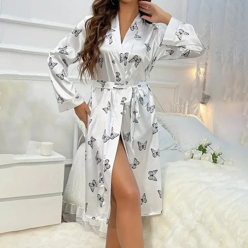 Women's Satin Night Shirt Kimono Hoodies Sexy Nightwear V Neckline Long Sleeved Long Sleeved Shirts Night Shirt Women's Pijama