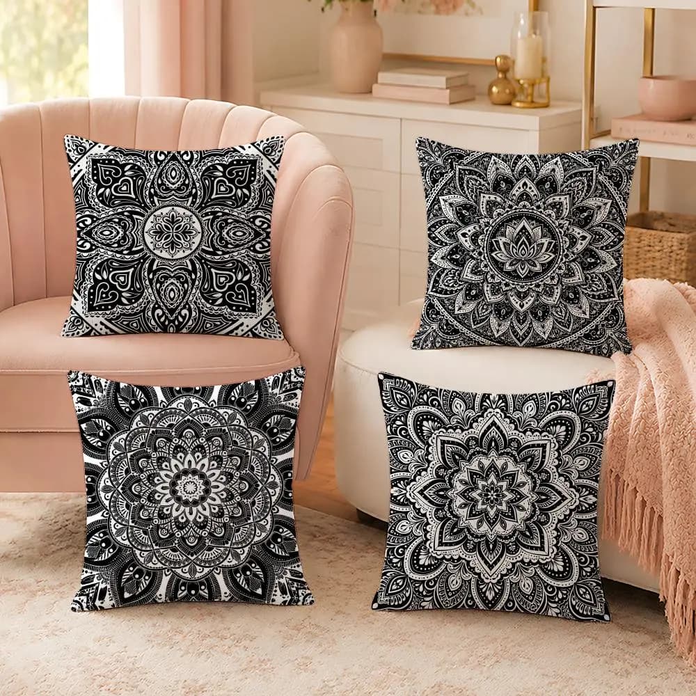 Black and White Mandala Meditation Cushion Cover Custom Plush Pillow Cover Soft Cloud Comfort for Sofa Bed Couch