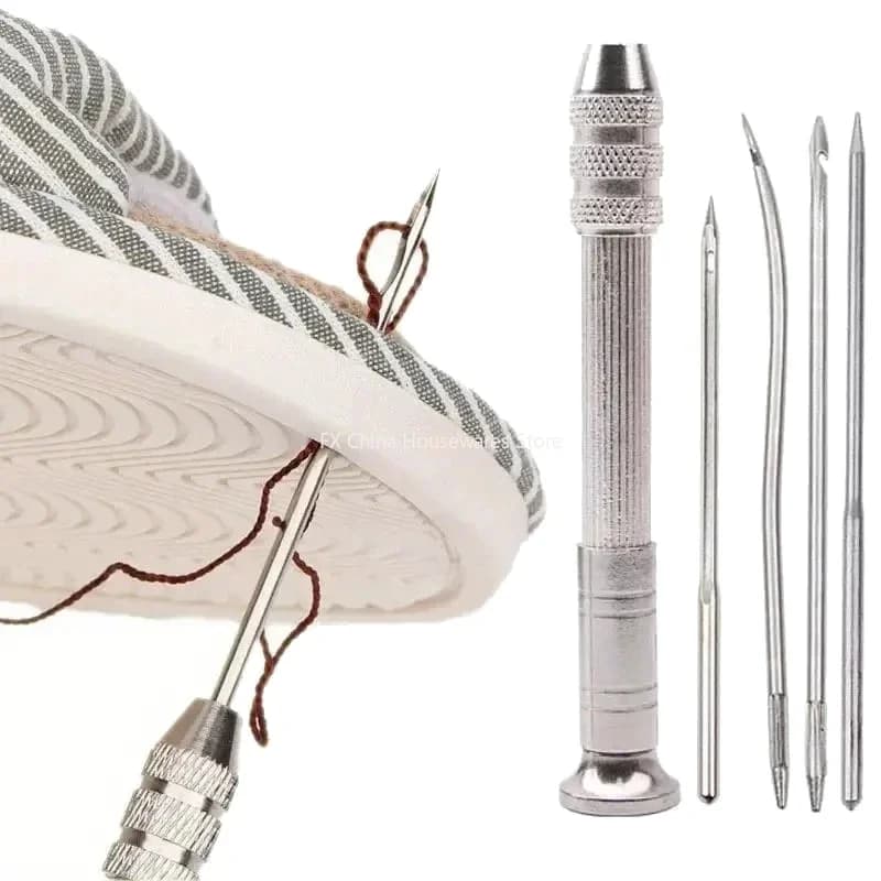 Leather Sewing Awl Kit - 4Pcs Replaceable Needles, DIY Shoe Repair & Canvas Tent Stitching Tool Silver Leather Sewing Awl