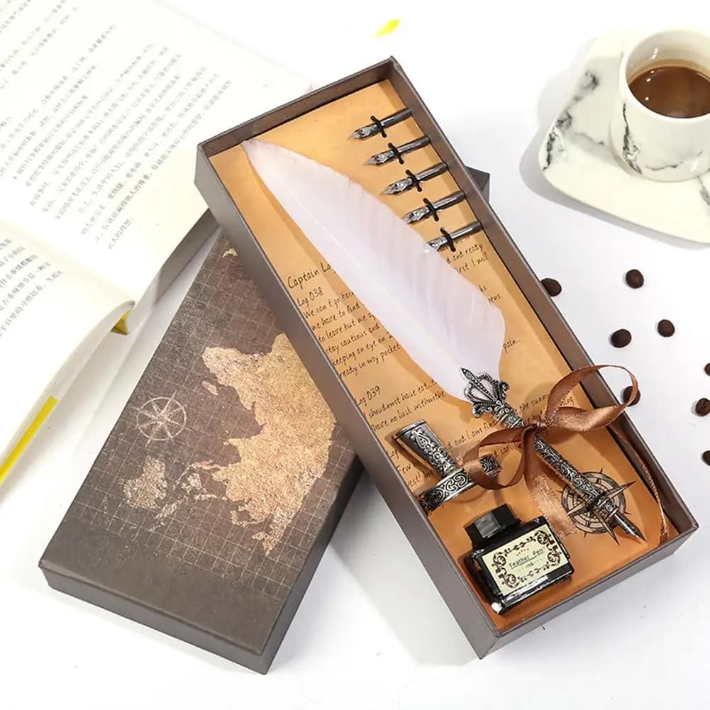 Retro Calligraphy Feather Dip Pen Writing Ink Set Stationery Quill Fountain Pen For Student Birthday Teacher Gifts Writing Tools