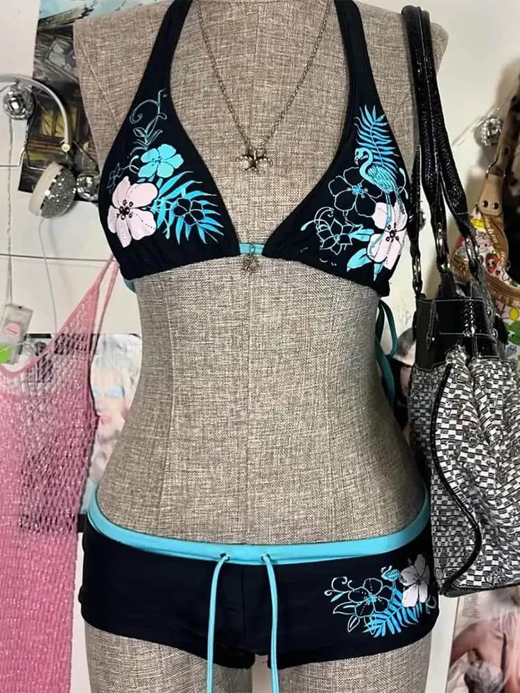 Stampa floreale vintage Cutie set Bikini costume da bagno anni 2000 donne sexy costume da bagno moda halter cinturino costumi da bagno High Street Beach femminile