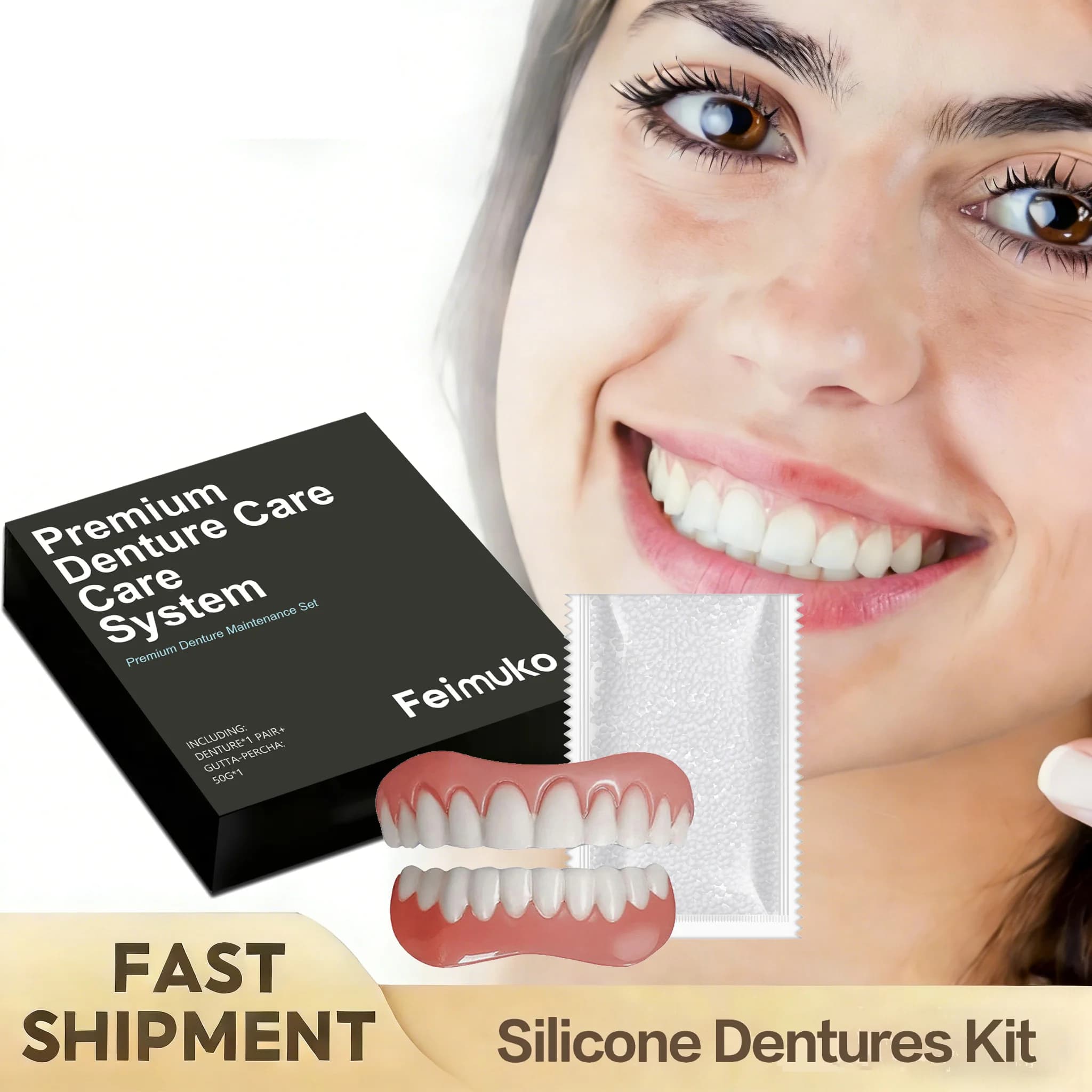 Complete teething protectors adjustable to ink, portable fake teeth in whitening silicone, to decorate spaces between teeth and improve aesthetics.