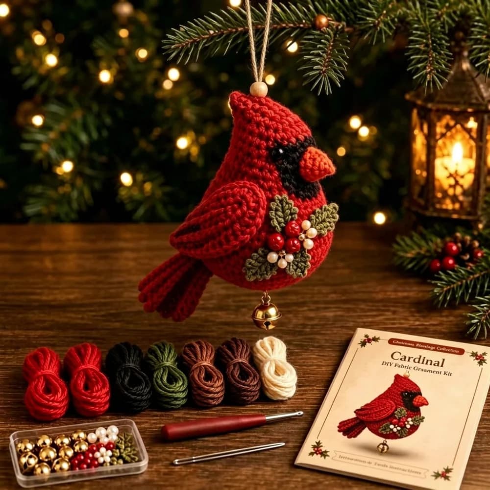 Knitted Christmas Crochet Ornament Kit Tree Hanging with Bell Santa Claus Sewing Craft Kit Soft Cotton Yarn Hand-Knit