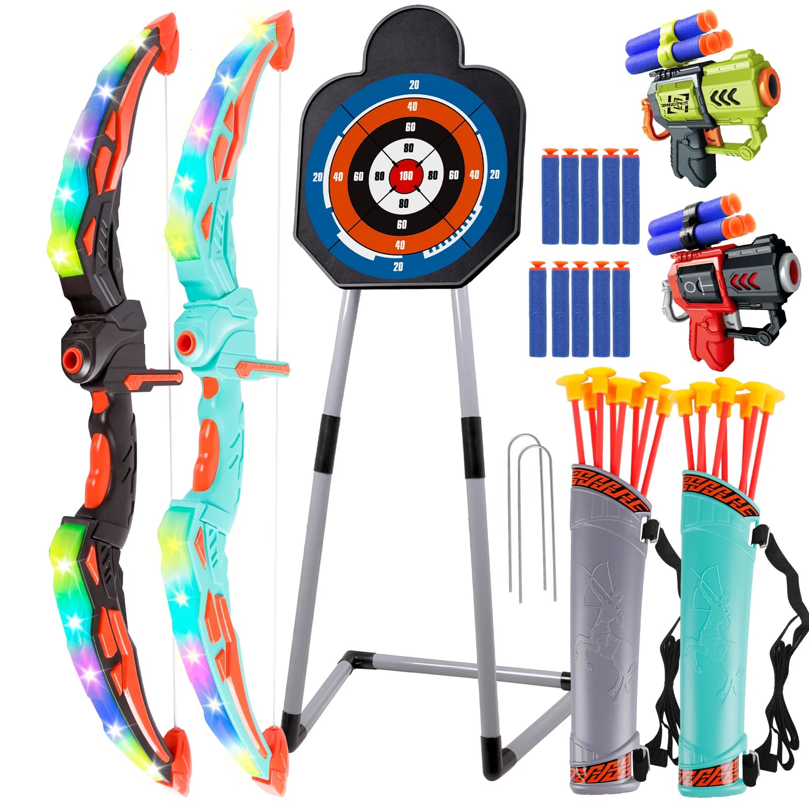 2 set di arco e frecce con illuminazione a LED, 2 pistole per freccette in schiuma per bambini 5 6 7 8 9 10+, set di tiro con l'arco con bersaglio in piedi per ragazzi e ragazze