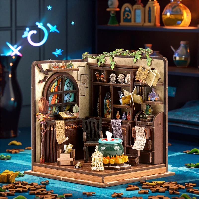 Kit modello in miniatura in legno fai-da-te assemblato Case delle bambole fantasy magiche Casa delle bambole puzzle 3D con luci per mobili per regali di amici