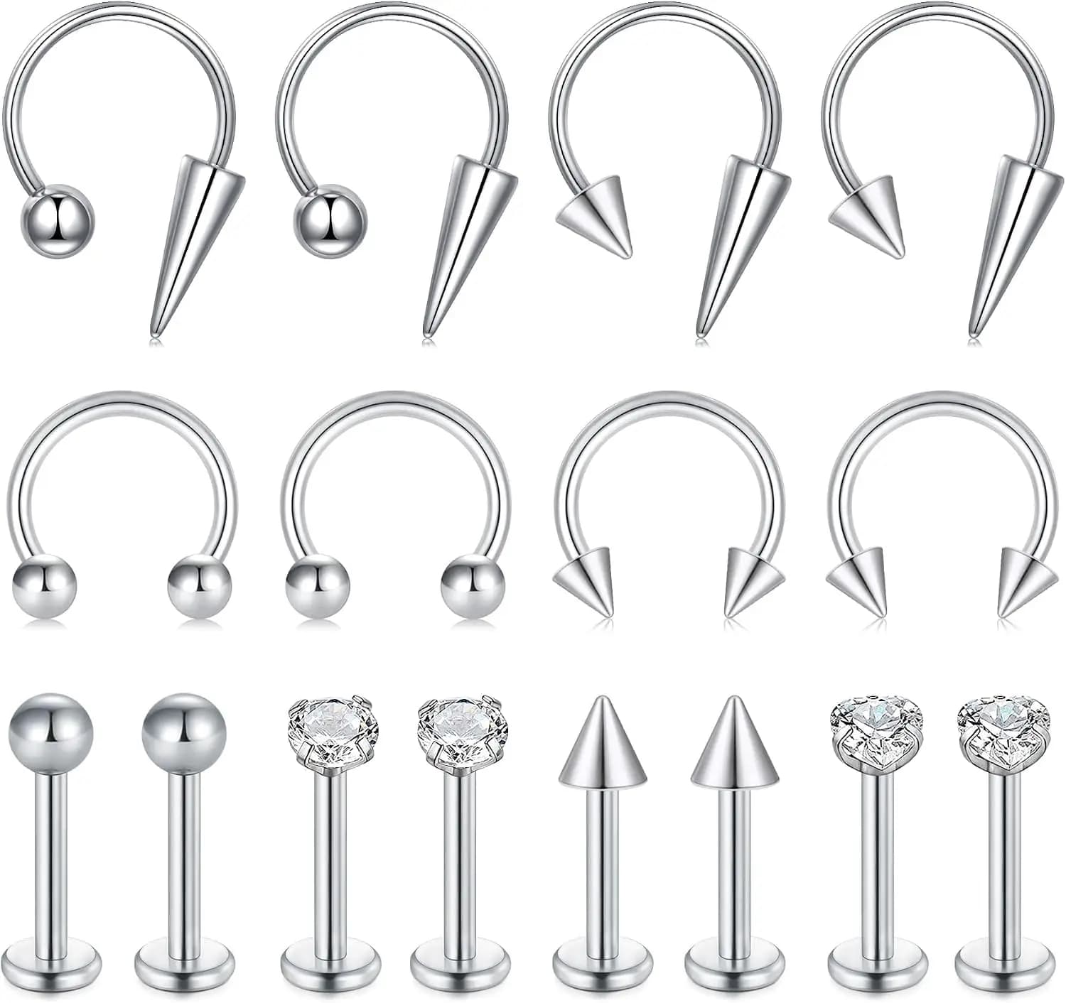 Zolure 16g Lip Rings Horseshoe Labret Jewelry Lip Barbell Ring Spike Snake Bite Piercing Jewelry Tragus Helix Earrings Studs Medusa Piercing for Women Men
