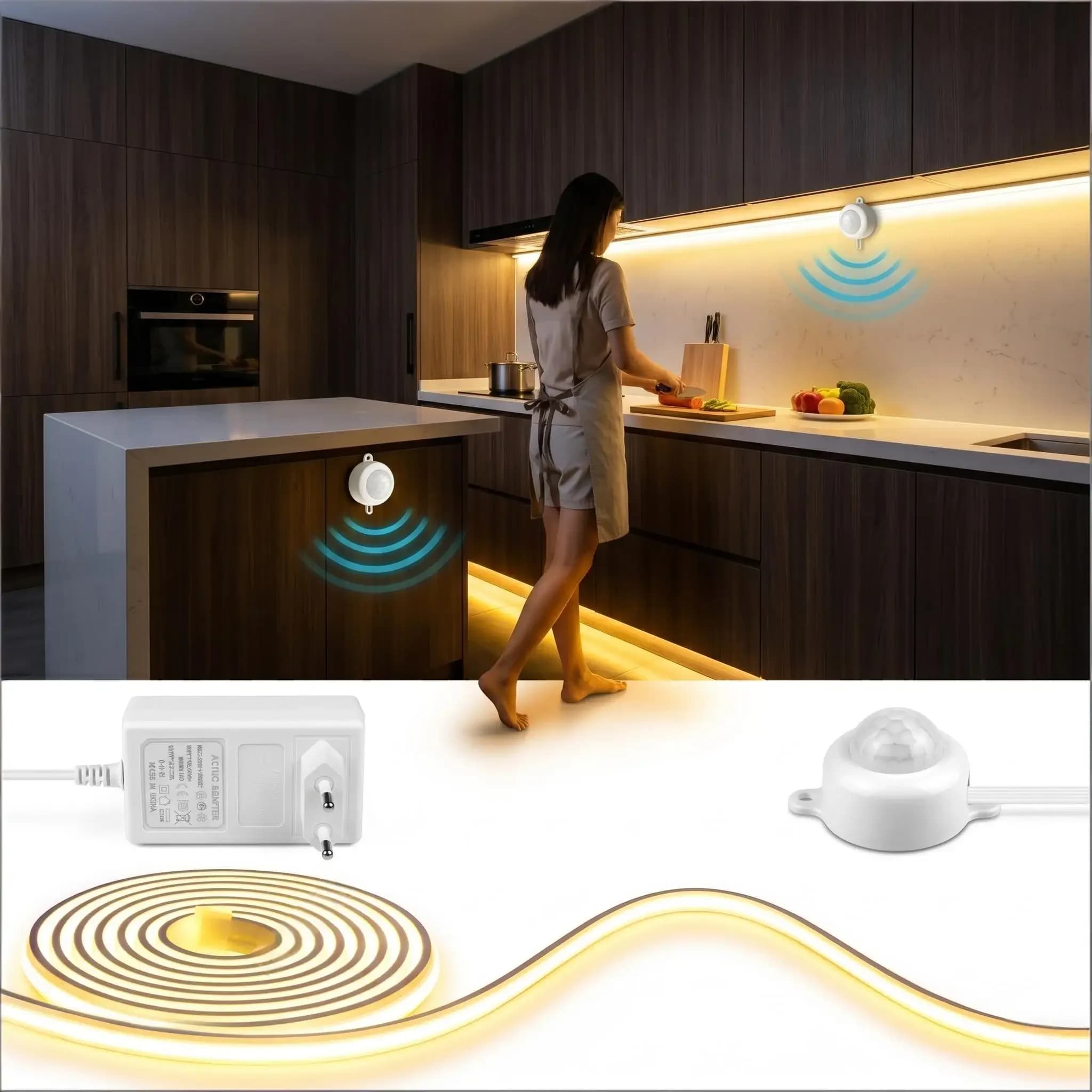 Striscia LED COB Flessibile Neon 10M/5M/3M/2M con Sensore Notturno e Ritardo Regolabile 20-360s, Silicone, Larghezza 9mm, Tagliabile, Retroilluminazione