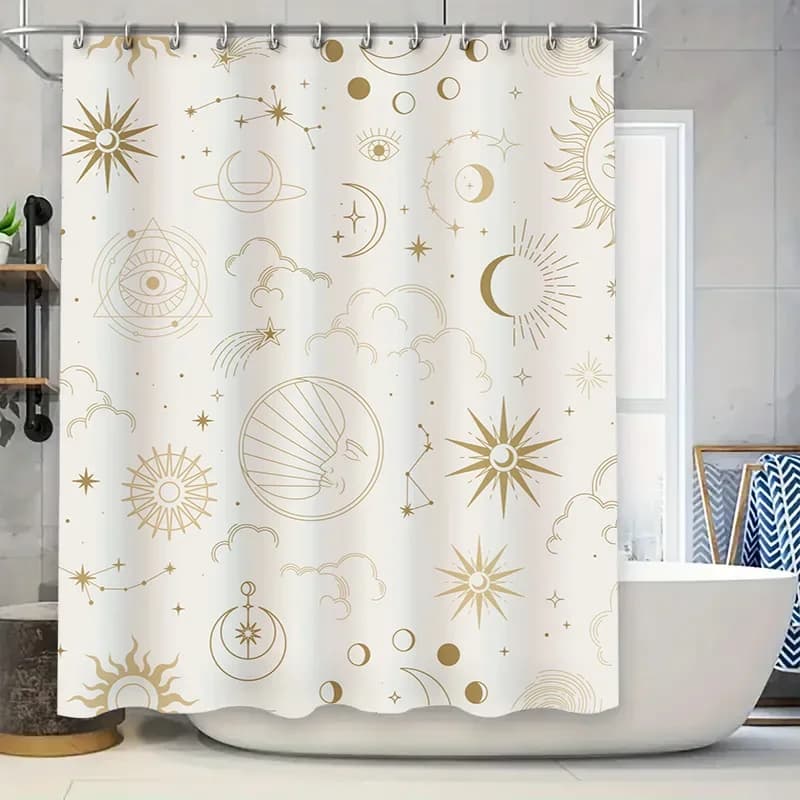 Tenda da doccia a tema spazio con disegni celesti dorati per l'arredamento del bagno – adatta per camerette o camere da letto dei bambini, fa impermeabile
