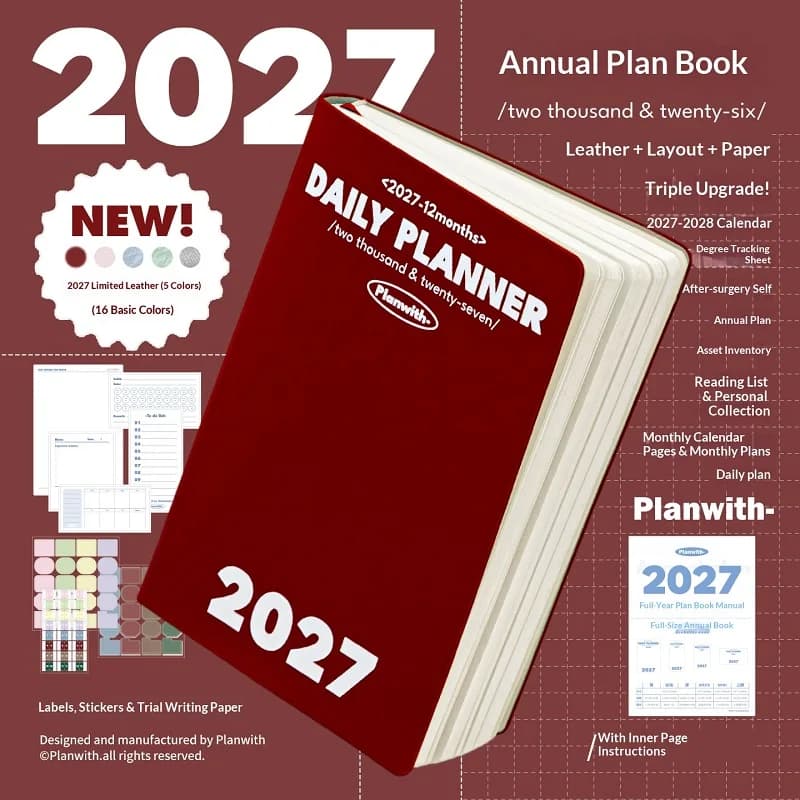 Planwith 2027 A5 Soft PU Cover Notebook Daily Week Month Planner Kawaii Annual Efficiency Tracking Aesthetic Stationery