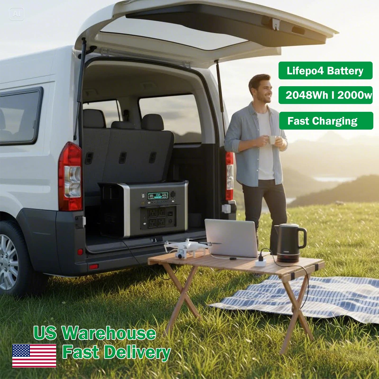 Stazione di Alimentazione Portatile UAPOW, Batteria LiFePO4 (LFP) da 2048Wh, Uscita AC 2000W/USB-C 100W per Backup Domestico, Campeggio e Camper