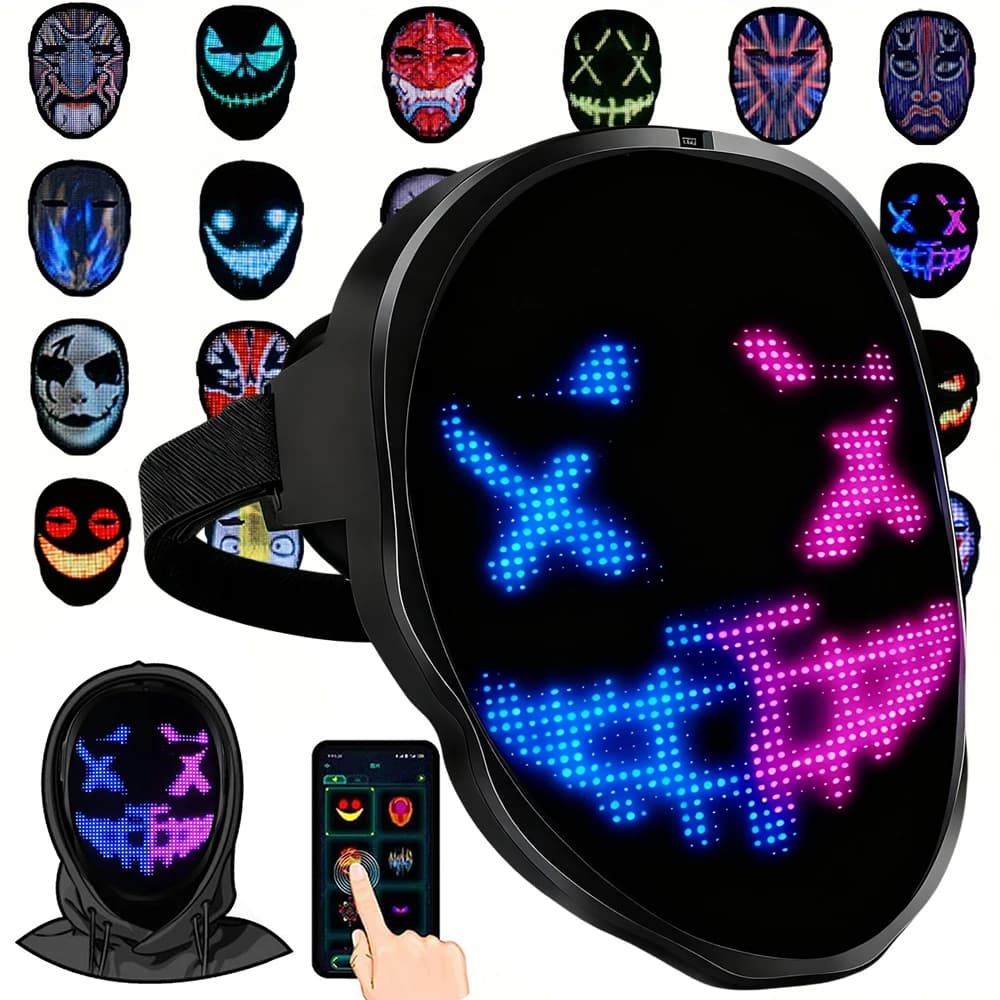 Rechargeable Led Mask with APP Control Programmable and Gesture Sensing Face Transforming Light Up Mask for Halloween Christmas