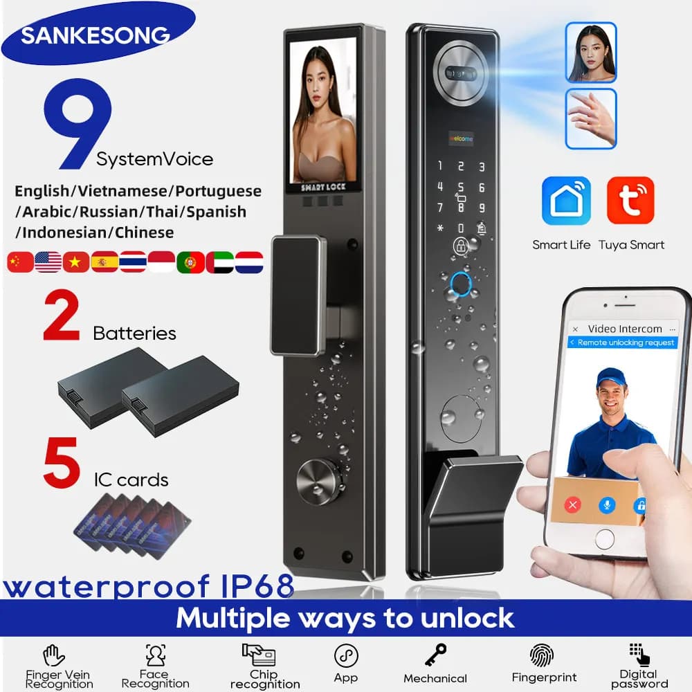 SANKESONG 3D Riconoscimento facciale Impronte digitali Smart Door Lock Telecamera WiFi Serratura elettronica Chiave elettronica digitale Scheda IC Sblocco APP