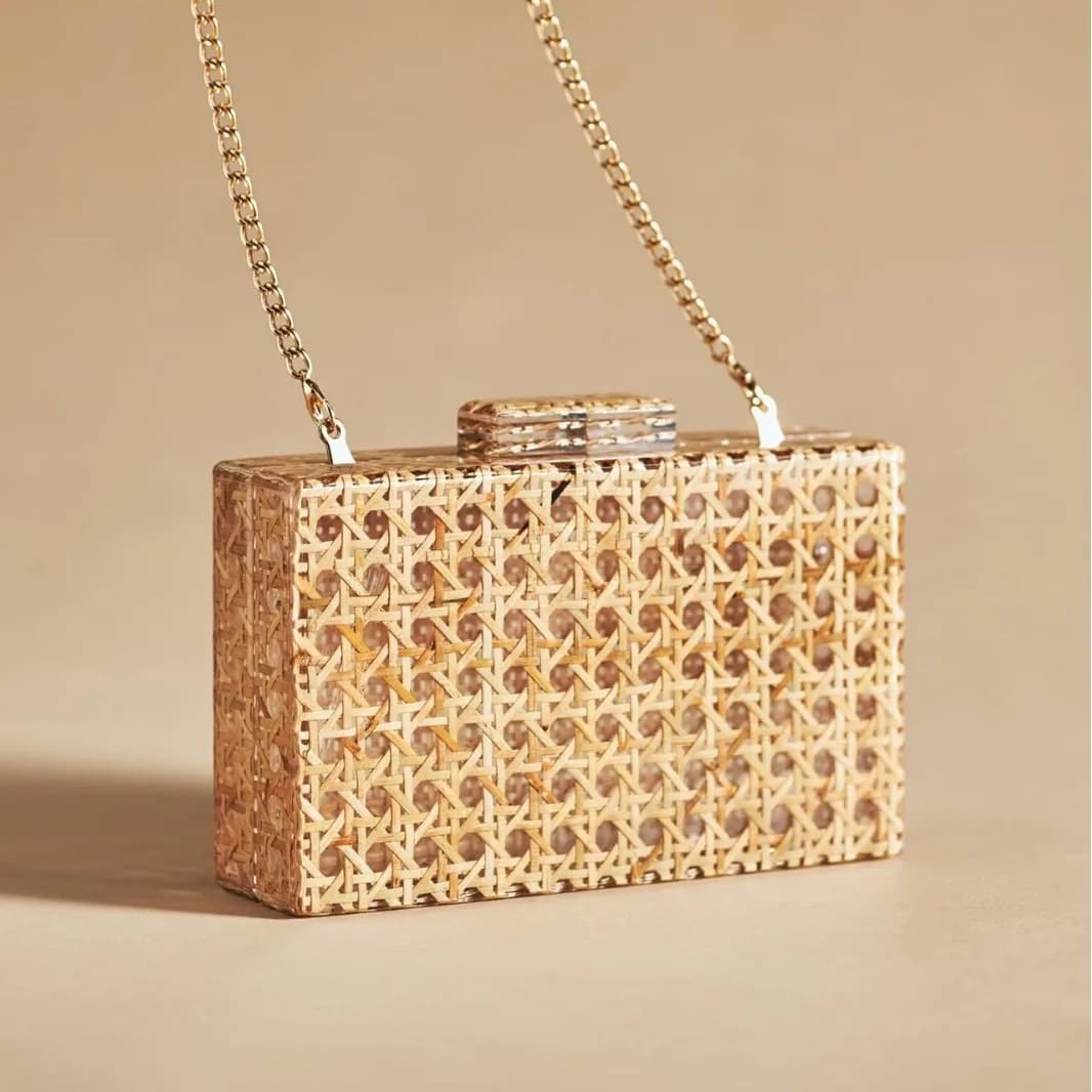 Borsa da donna in acrilico, mini pochette da festa in rattan, borsa a tracolla con scatola intrecciata quadrata