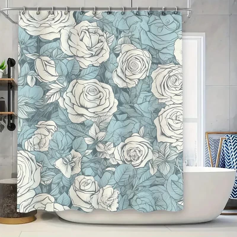 Tenda da doccia con stampa floreale Decorazione da bagno impermeabile Tessuto Decorazione per la casa Moderna rosa bianca Tenda da doccia stampata floreale blu