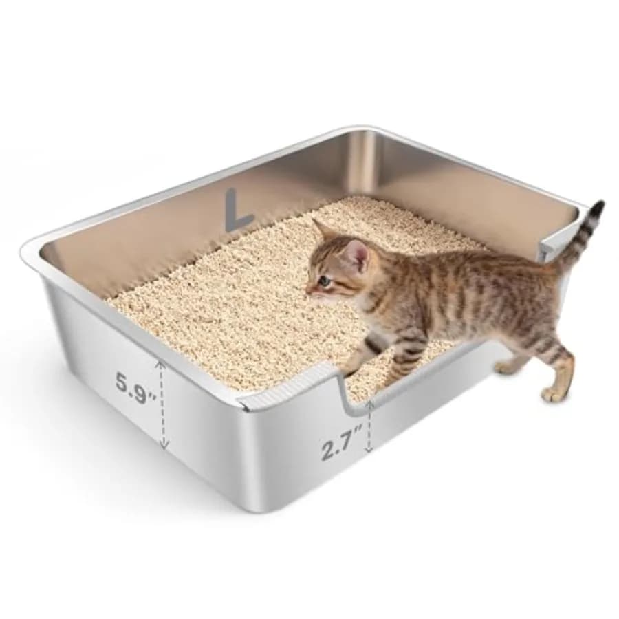 Low Entry Litter Box for Senior or Disabled and Injured Cats, Stainless Steel High Sided Enclosed Easy Step in Entry-Metal Kitt
