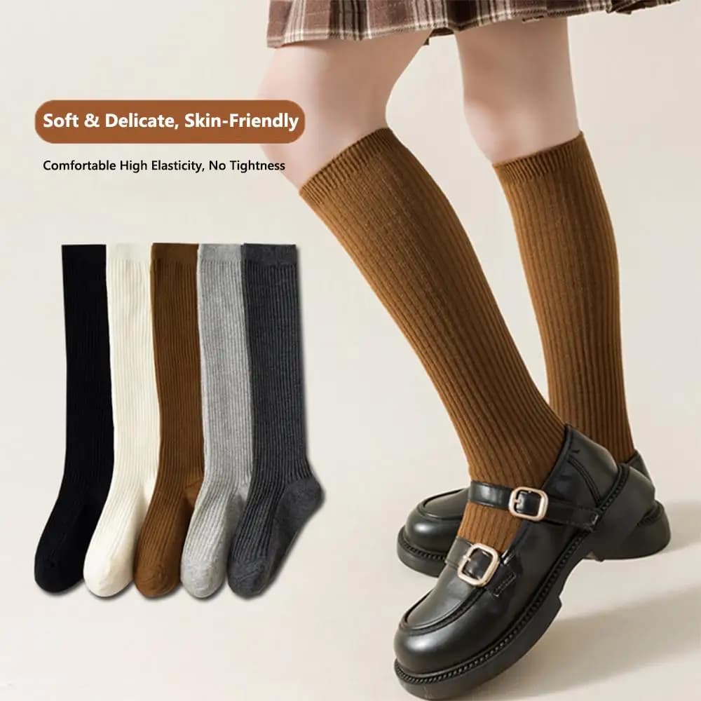 Korean Solid Girls Knee High Socks Cotton Spring Autumn School Uniform Socks Seamless Long Socks Calf Socks for