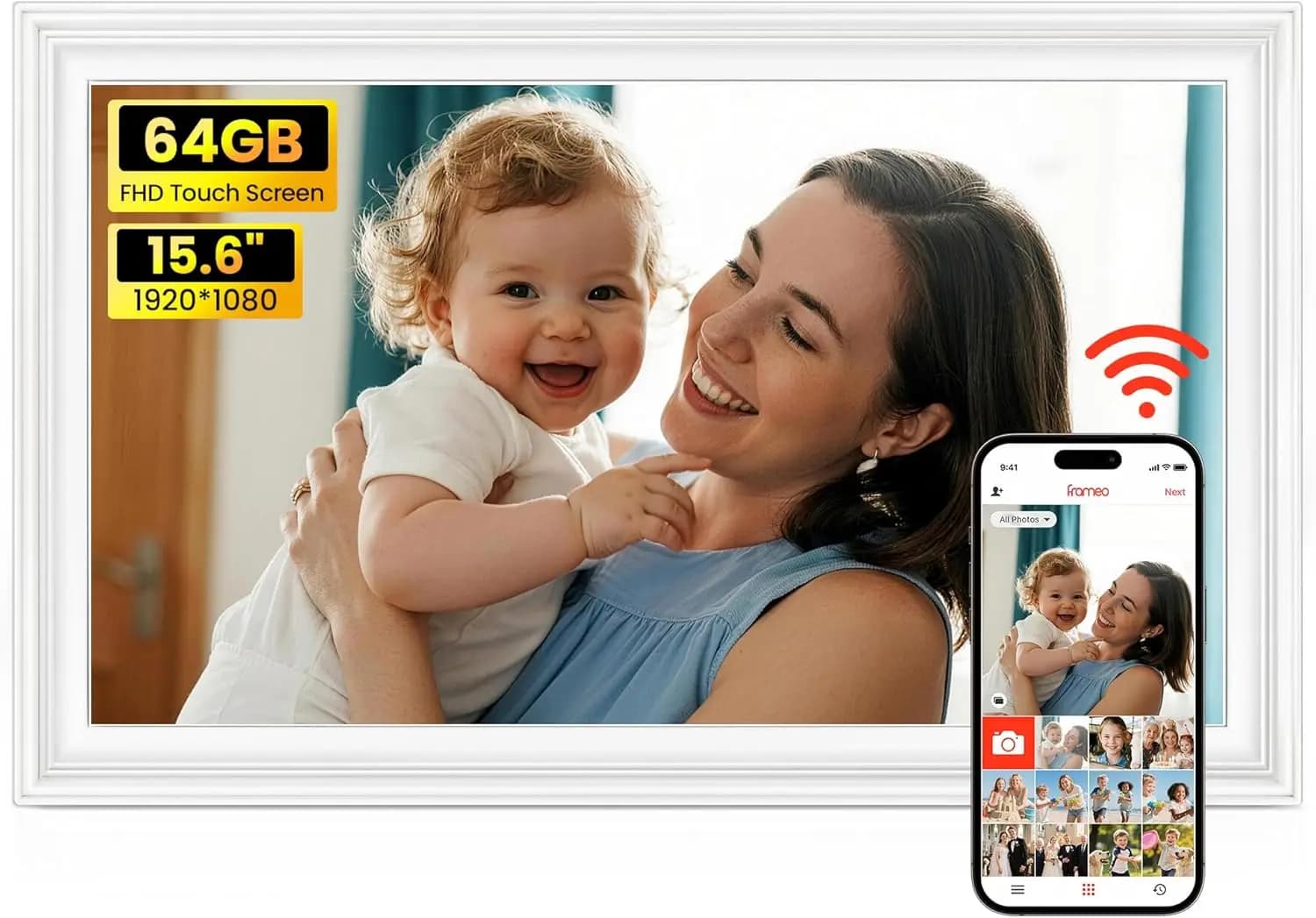Cornice Digitale WiFi da 15.6 Pollici con 64GB, Schermo Touch FHD, Condivisione Istantanea di Foto, Regalo Perfetto per la Famiglia