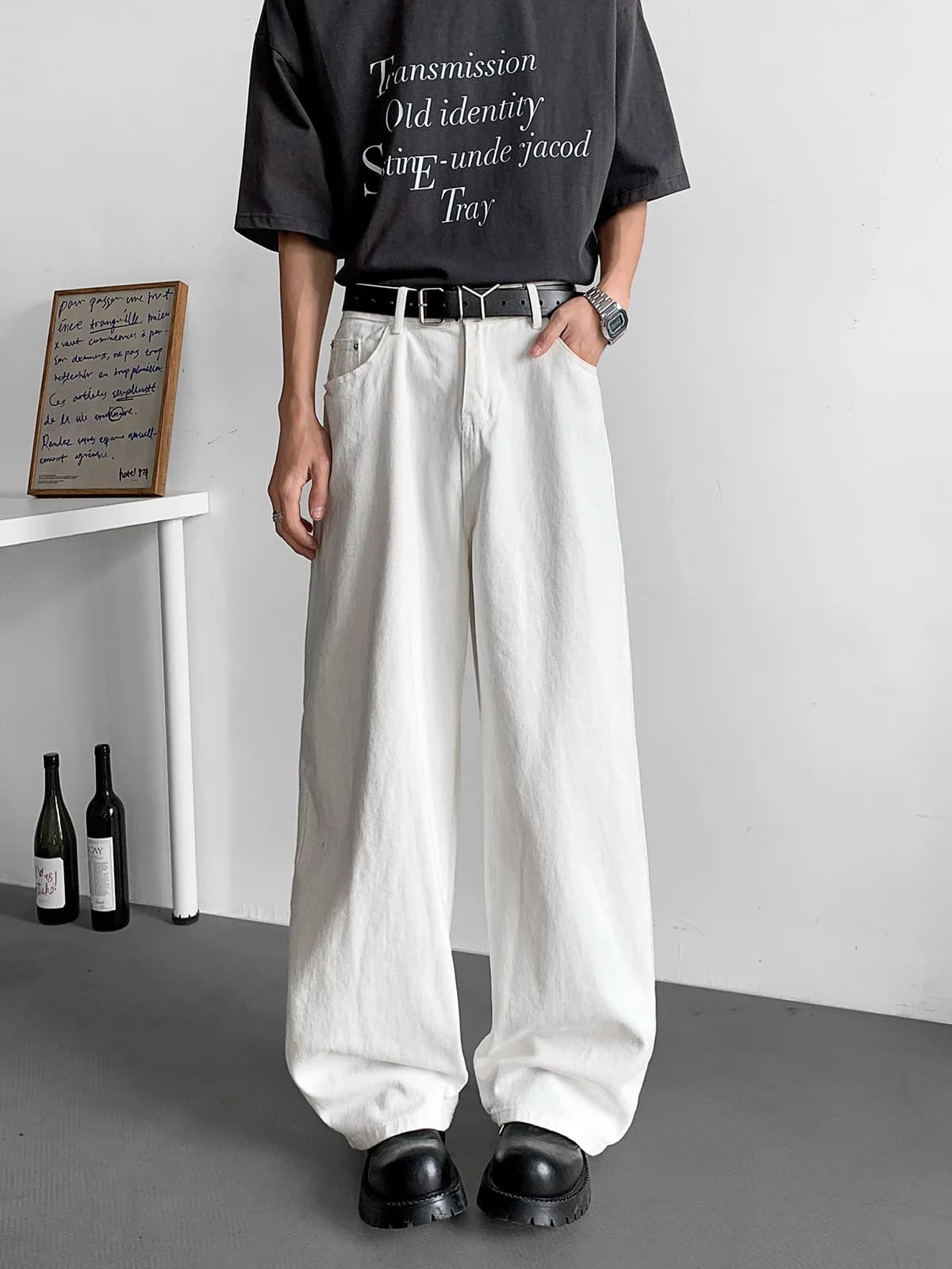 White Straight Leg Jeans Men's Slim Fit Youth Casual Long Pants Loose Wide Leg Jeans Teenagers Spring Trendy Straight Tube