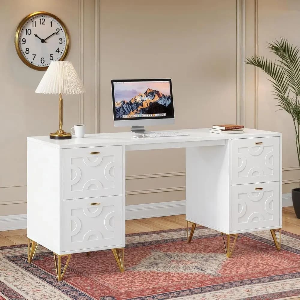 Scrivania di Lusso 59'' Bianca e Oro con Gambe in Metallo, Ideale per Ufficio Domestico o Toeletta