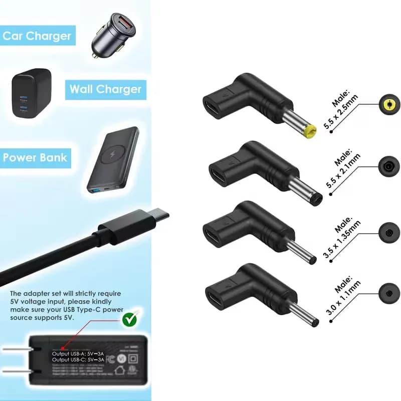 Adattatore di ricarica USB C a DC 5V PD con angolo di 90 gradi, 4 pezzi, per laptop, router, connettore per caricabatterie per alimentatore mobile