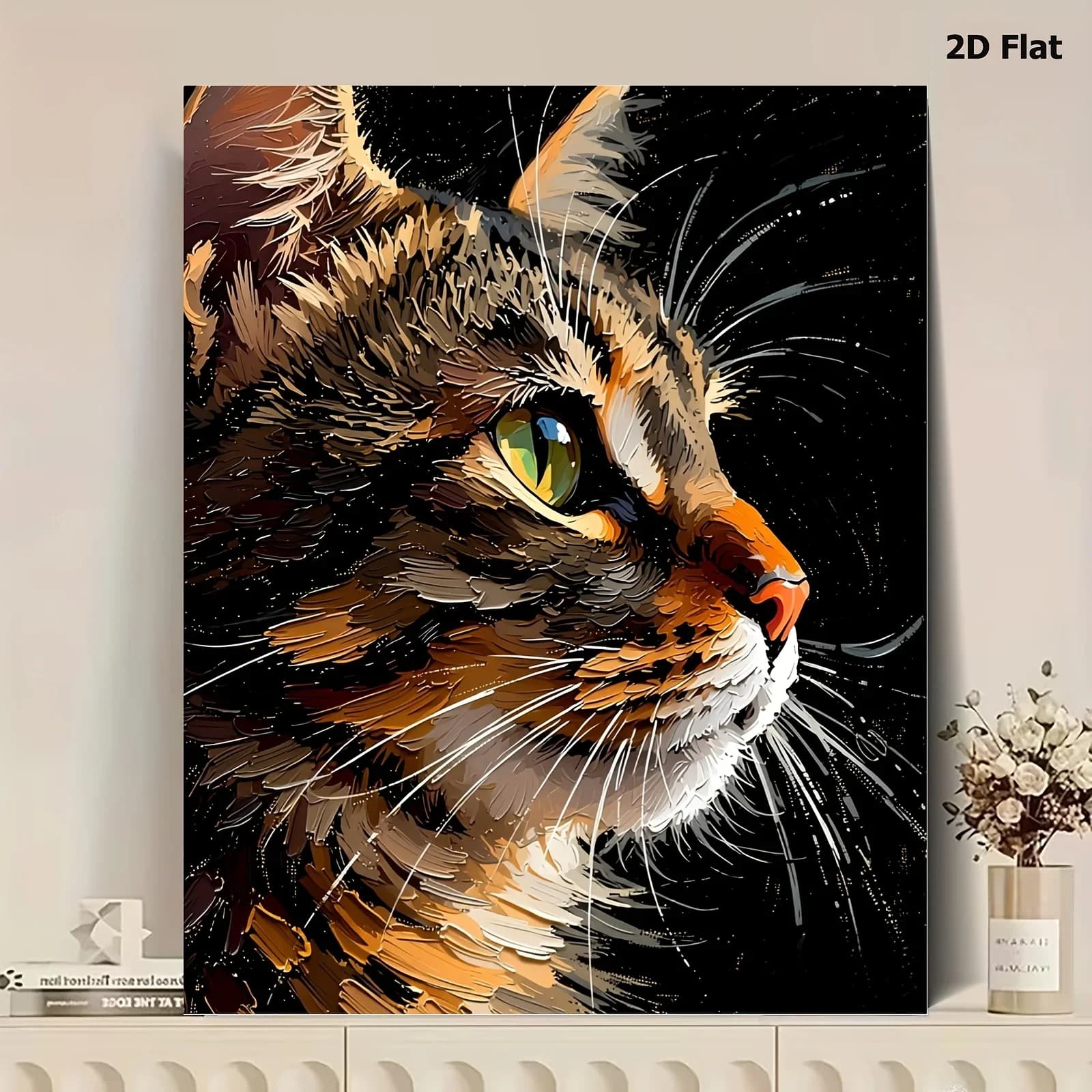 [2D Flat Frameless][Professional Art Use] Paint by Numbers Oil Painting Kit, Brown-Yellow Tabby Cat with Upright Ears Looking Si