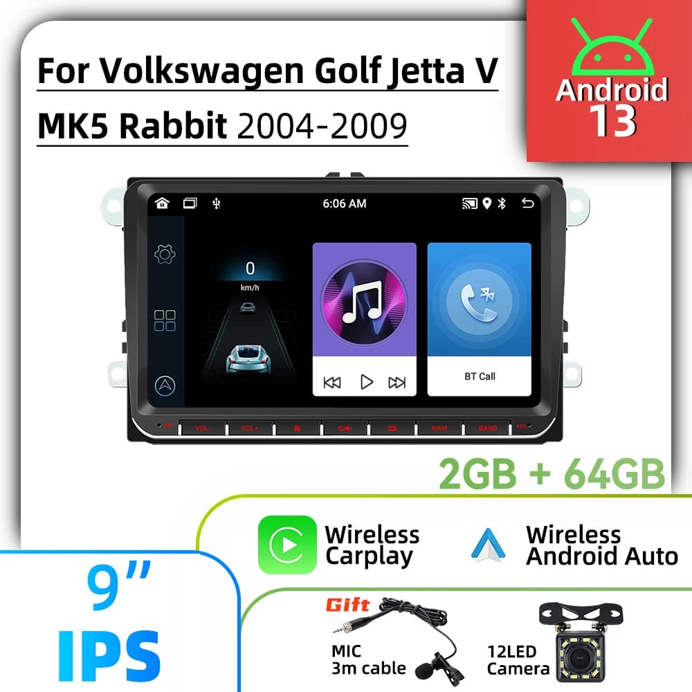 2Din Android Radio GPS Car Multimedia 9" Stereo for VW Volkswagen Golf Jetta 5 V MK5 Rabbit 2004-2009 Wireless Carplay Autoradio