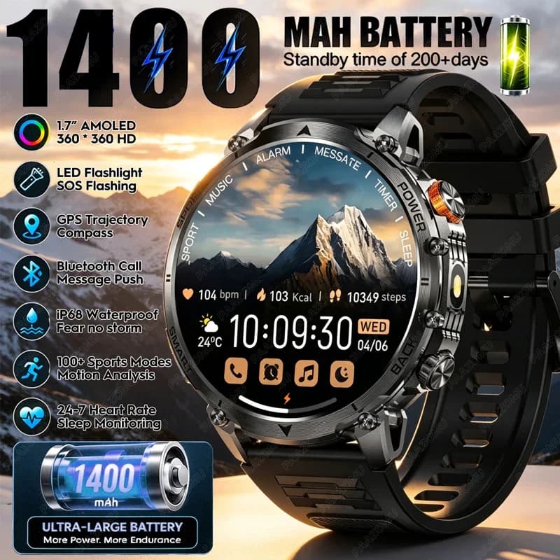 2026 Men's Rugged Smart Watch 1400mAh Battery 1.7" HD Display Bluetooth Call 10ATM Waterproof Heart Rate Fitness Tracker Sport S