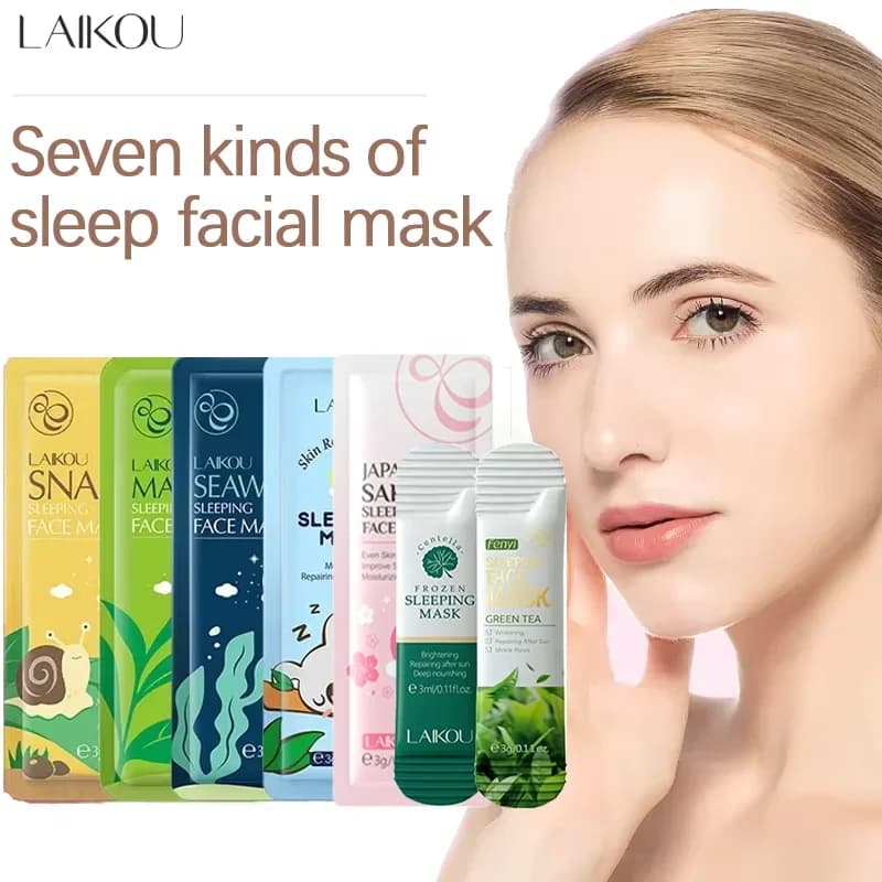 LAIKOU Set di 7 Maschere Viso Notturne con Bava di Lumaca, Matcha, Alghe, Sakura, Centella e Tè Verde per Idratazione e Riparazione della Pelle