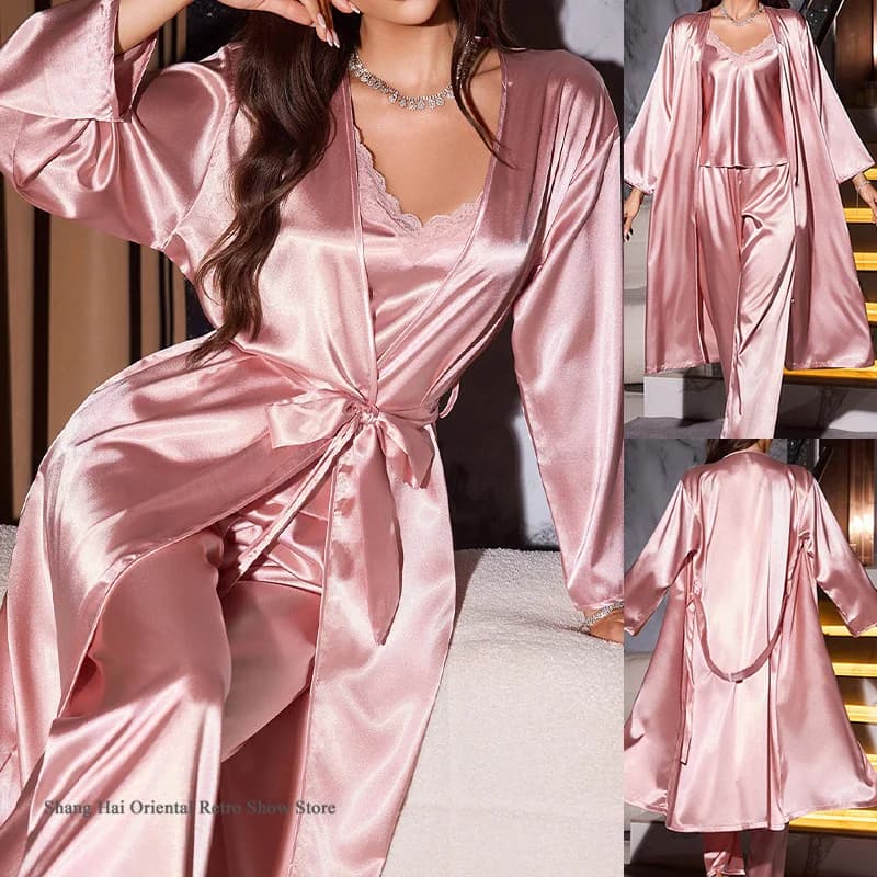 New Female 3PCS Long Dress Pijama Set Sexy Lace Cami Pants Pijama Ice Silk Dress Kimono Dress Trained Homewear Lingerie
