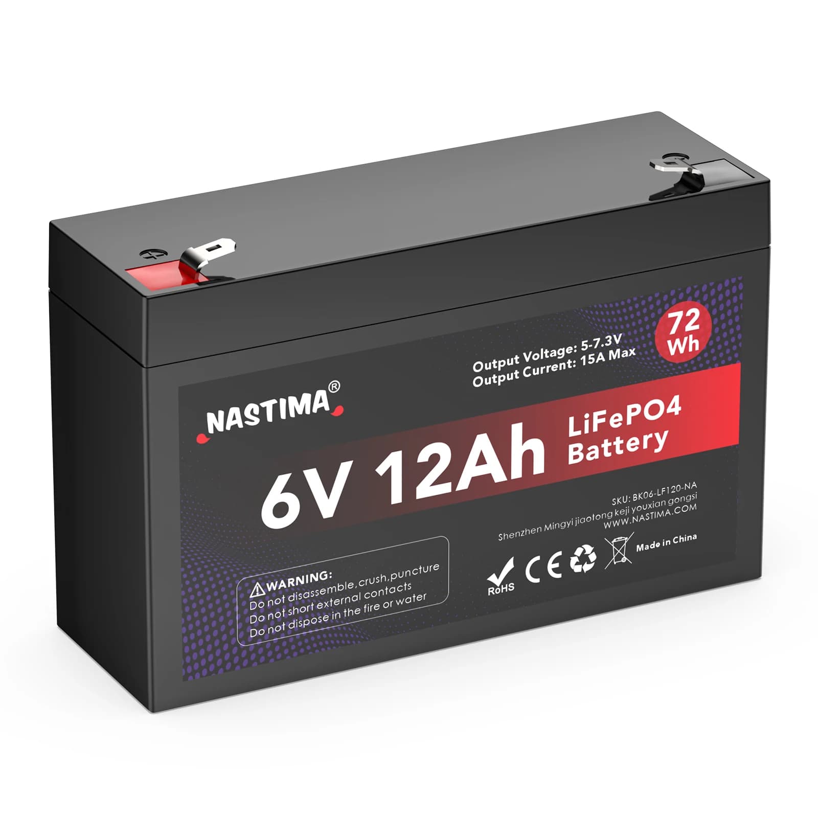 Batteria ricaricabile LiFePO4 NASTIMA 6V 12Ah 72Wh con protezione BMS Ciclo profondo 4000 per telecamere di sorveglianza, auto per bambini