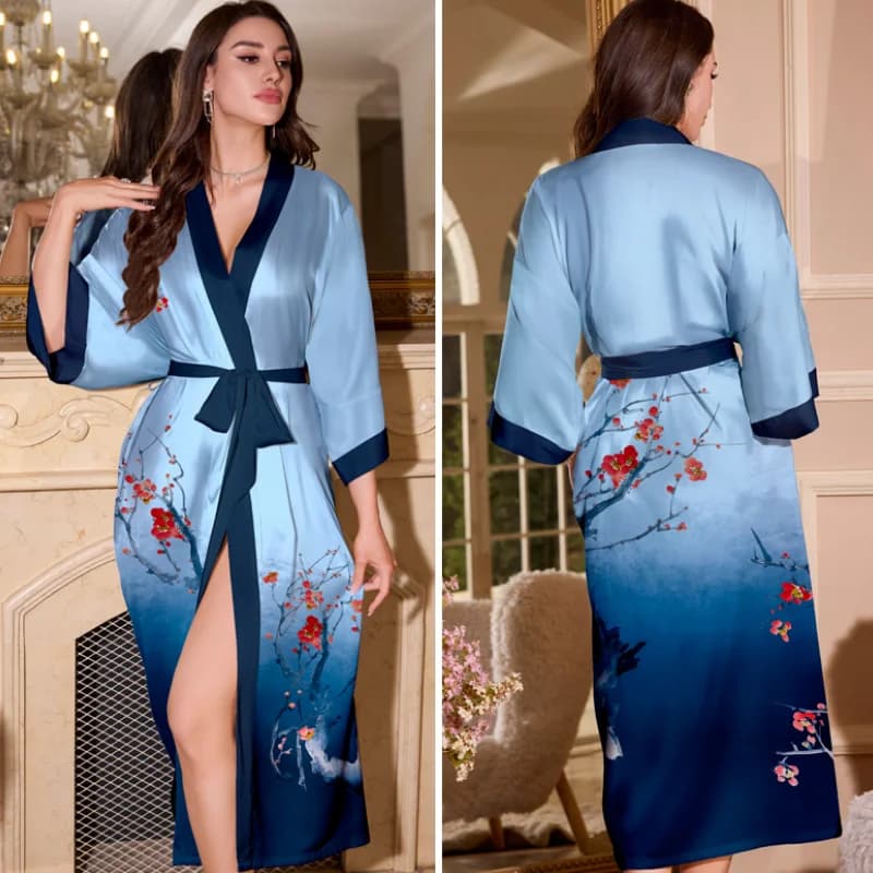 Plus Size Abito lungo femminile Stampa fiore Mezza manica Kimono Accappatoio Abito Allentato Casual Indumenti da notte in raso Abito da casa Pigiama sexy