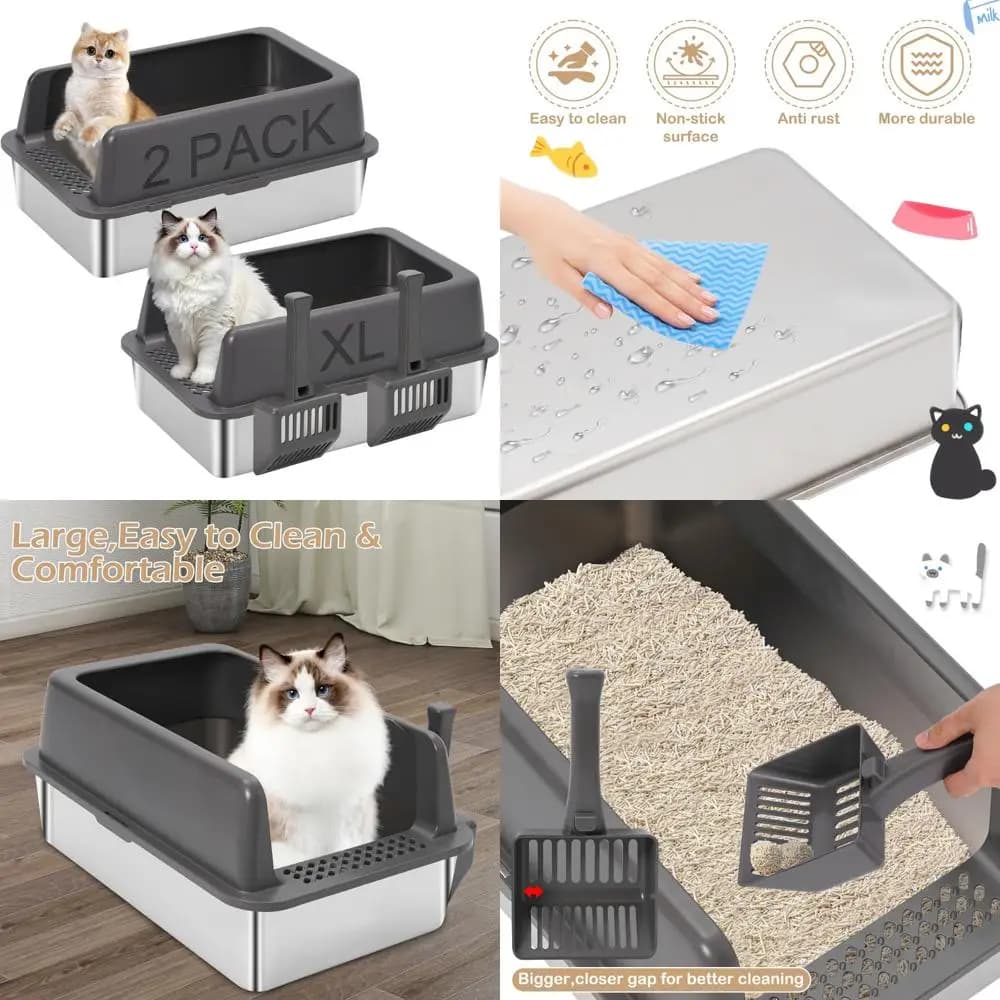 Lettiera per gatti grande in acciaio inossidabile per gatti grandi - Vassoio in metallo su un lato alto, 24 L x 16 L x 9,8 A, design aperto con spazio aggiuntivo