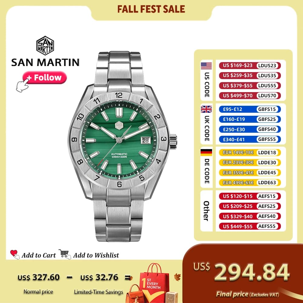 San Martin 42mm Orologio da uomo di lusso Quadrante verde malachite Orologio da polso meccanico in acciaio inossidabile Zaffiro Impermeabile 10Bar SN0130G-B