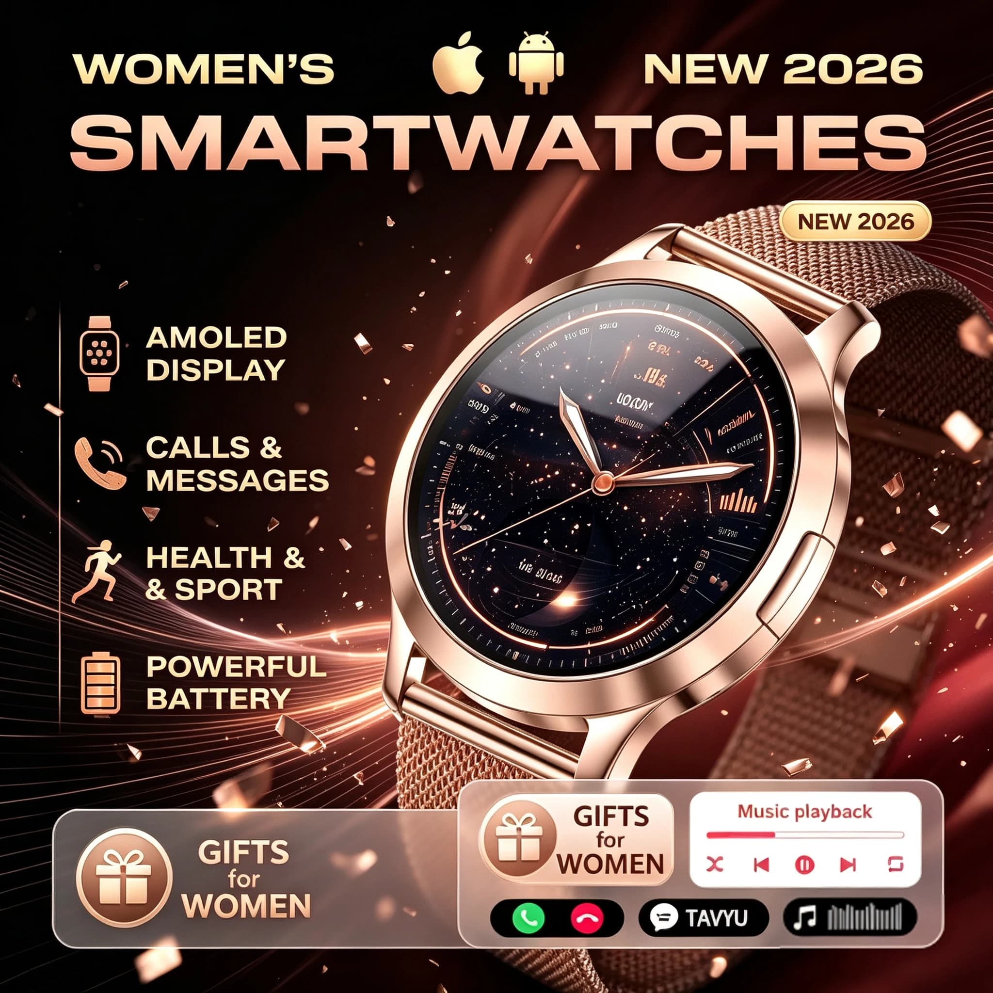 2026 New Women's Smartwatch AMOLED Screen IP68 Waterproof Heart Rate Monitor Compatible with Android iOS for Xiaomi