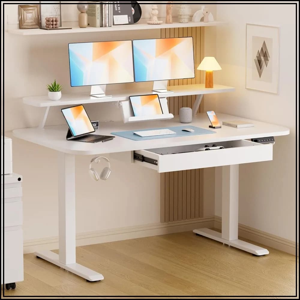 Electric Standing Desk with Drawers, 48x24 Inches Height Adjustable Computer Desk with Monitor Stand, Sit Stand Up Desk, Memory Preset, White