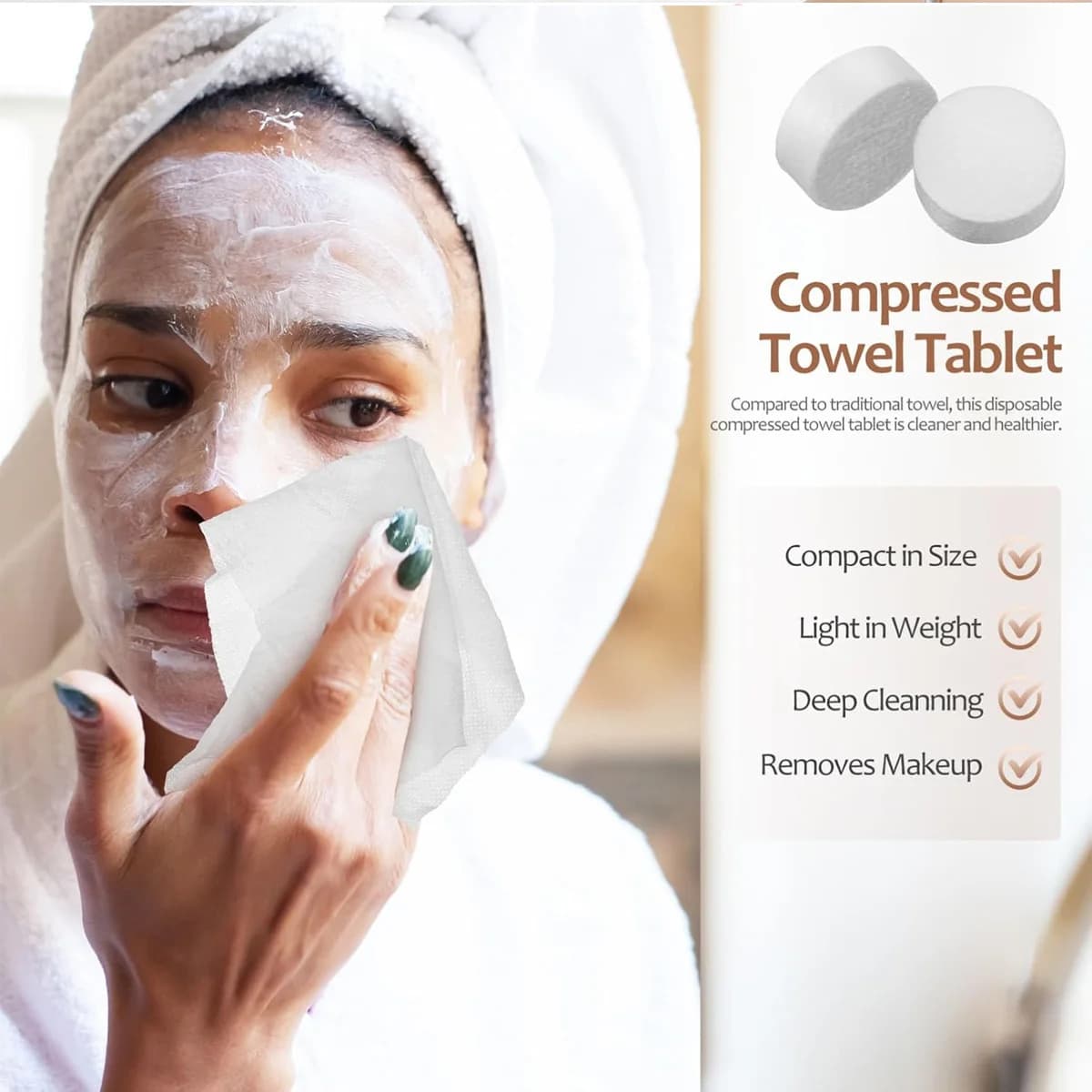 Asciugamano Compresso Monouso Portatile in Cotone per Viaggi, Campeggio, Escursionismo, Sport e Centri Estetici