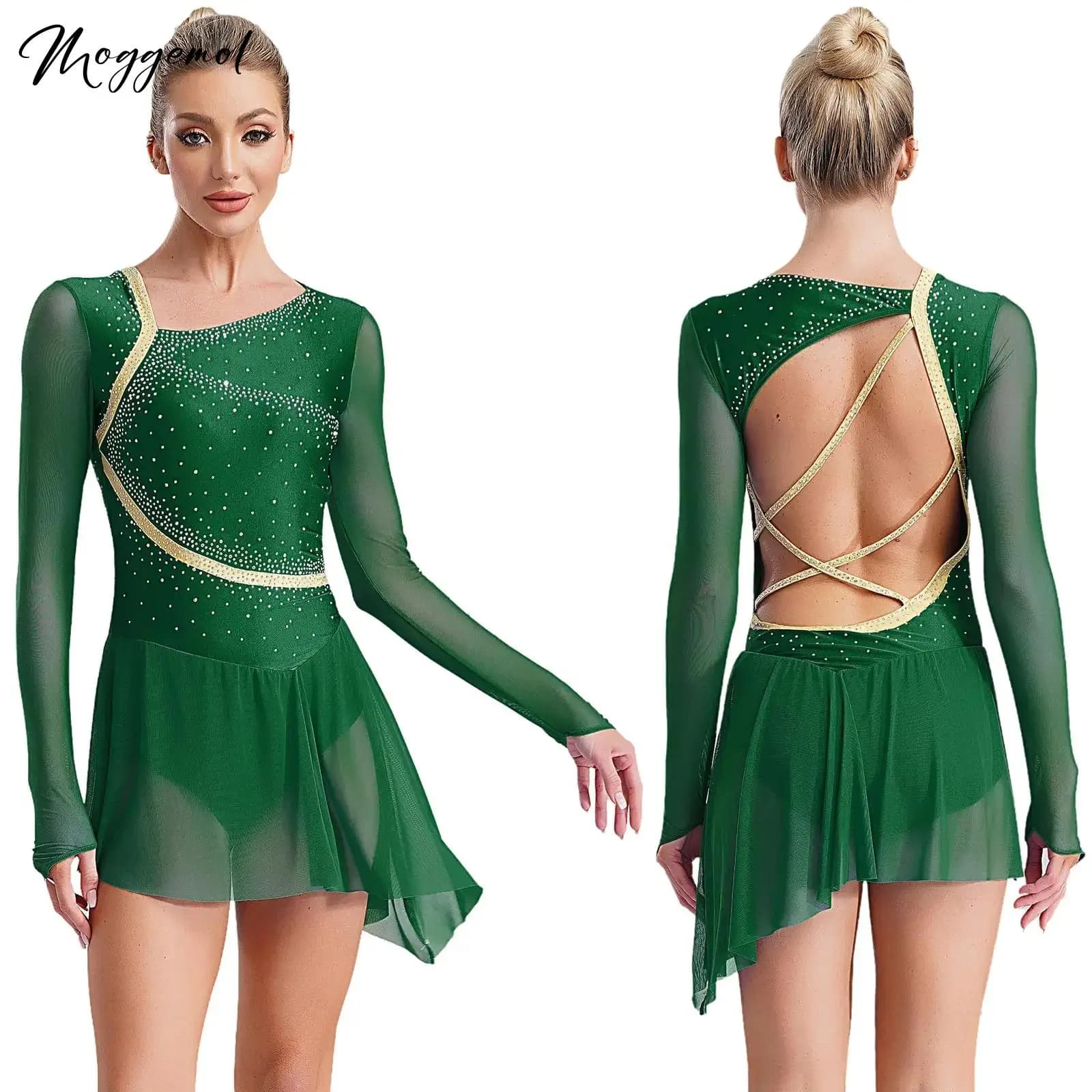 Costume da pattinaggio di figura da donna Maglia trasparente maniche lunghe Strass lucidi Abito asimmetrico in tulle Body da danza classica lirica